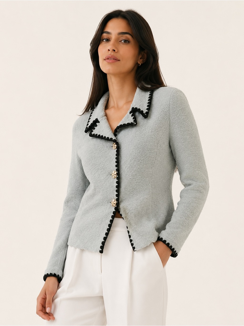 Vintage St John Santana Knit Jacket Blue Navy Trim Size 10